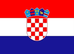 [ai] The national flag of Croatia featuring horizontal stripes of red, white, and blue, with a central coat of arms displaying a checkerboard pattern and a blue crown on top with five symbols.